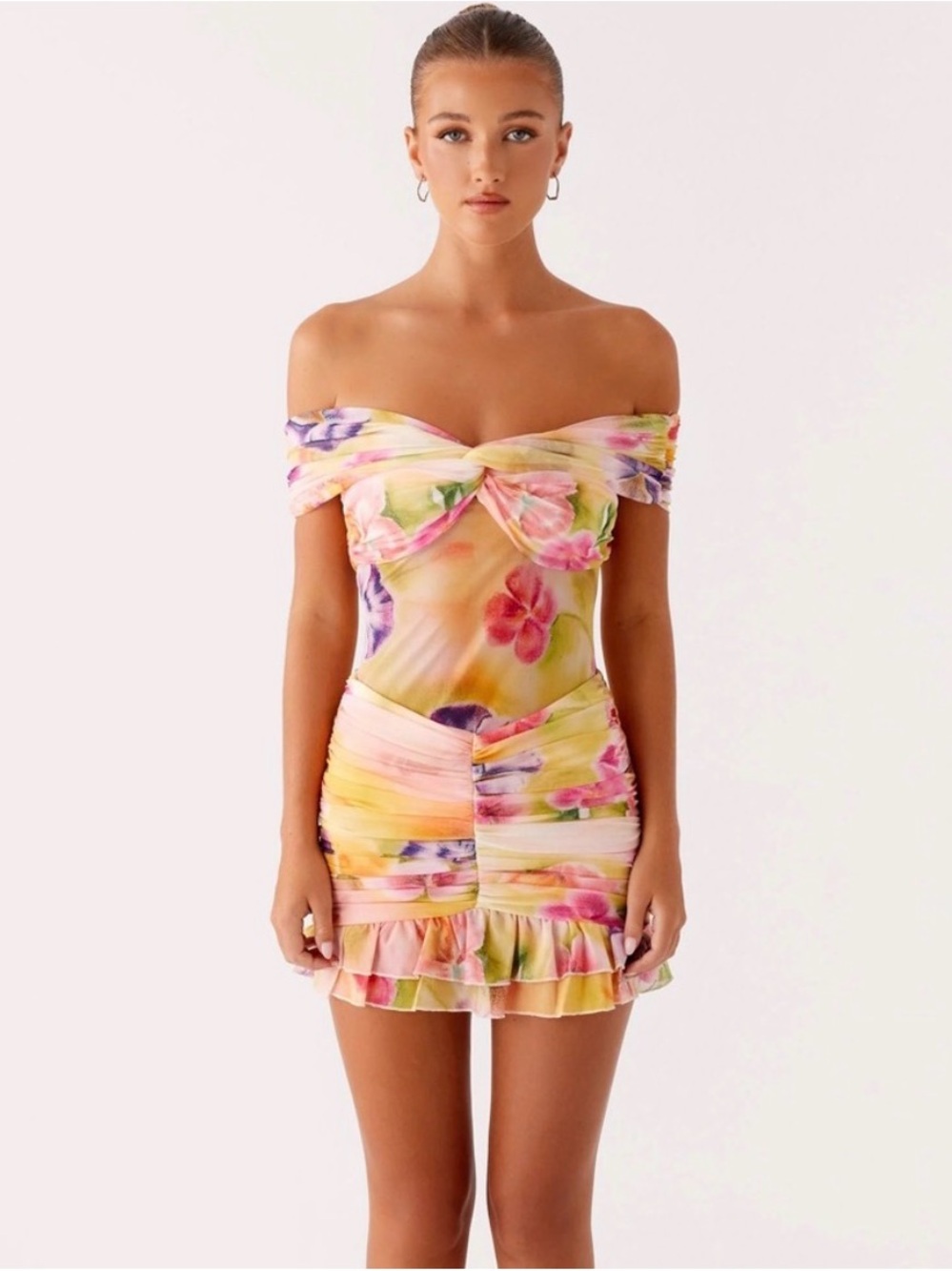 Peppermayo Yellow Floral Off-Shoulder Mini Dress